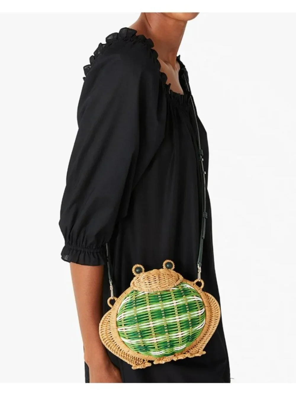 Kate Spade New York Green White Striped Hopkins Frog Wicker Bag NWT!